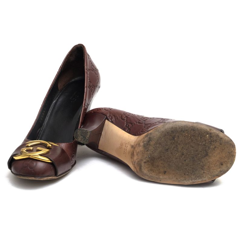 Gucci/Gucci Pumps Shoes Women Leather Dark Brown Interlocking Leather Sole High