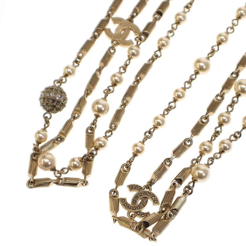 Chanel 2016 Faux Pearl Ball Coco Mark Long Necklace A16 Gold