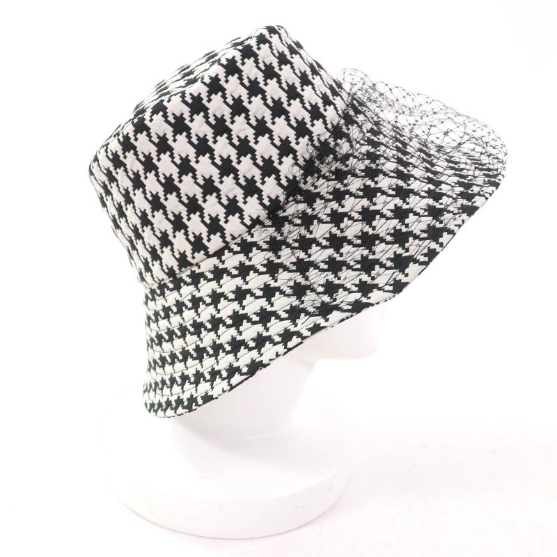 Christian DIOR 04mon924g153 Staggered Houndstooth Hat With Tulle Black White 58