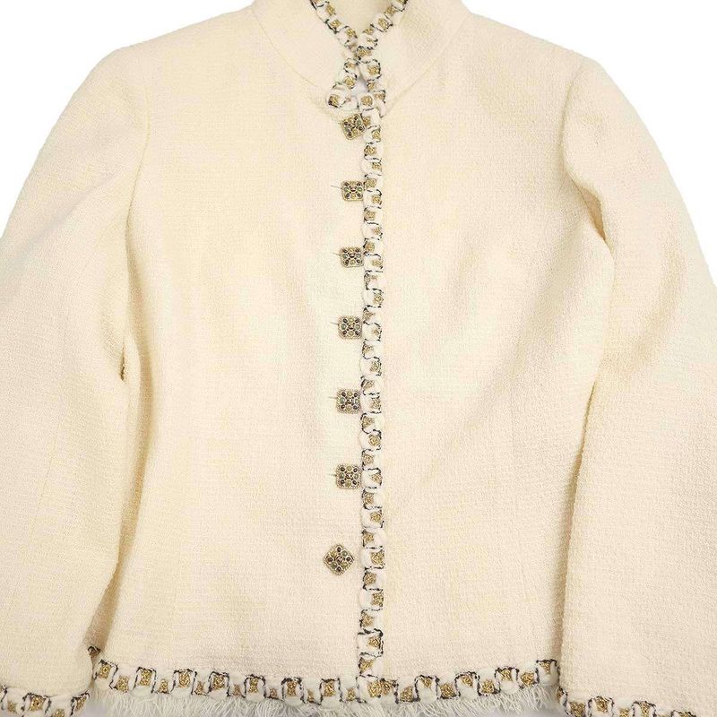 Chanel Coco Mark Button Fringe Stand Collar Tweed Jacket P41436v28444 Ivory 44