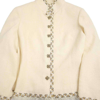 Chanel Coco Mark Button Fringe Stand Collar Tweed Jacket P41436v28444 Ivory 44