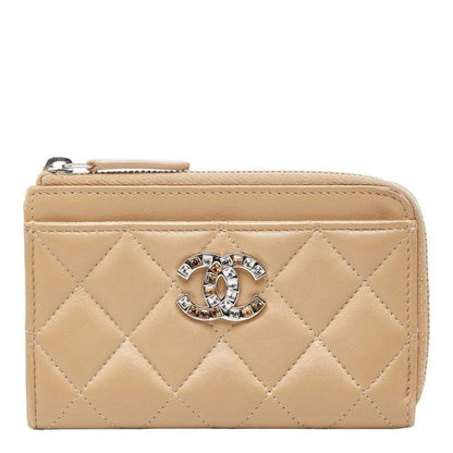 Chanel Quilted CC Logo Coin Case Card Fragment Beige Lambskin Line Stone