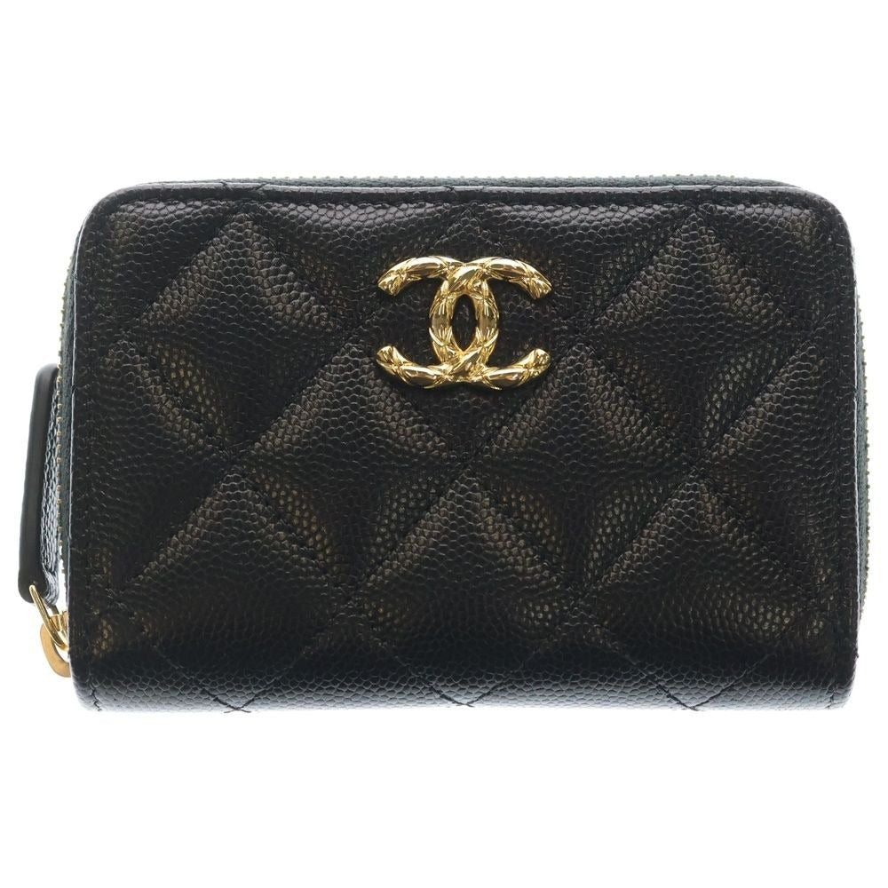 Chanel CC Logo Quilted Coin Case Mini Wallet Black Caviar Leather Gold