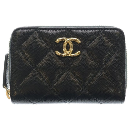 Chanel CC Logo Quilted Coin Case Mini Wallet Black Caviar Leather Gold