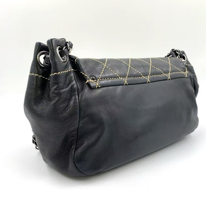 Chanel Lambskin Contrast Wild Stitch Surpique Accordion Flap Bag Black — view 3