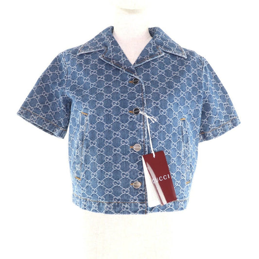 Gucci Made Cotton GG Jacquard Denim Cropped Short Sleeve Jacket Indigo 38