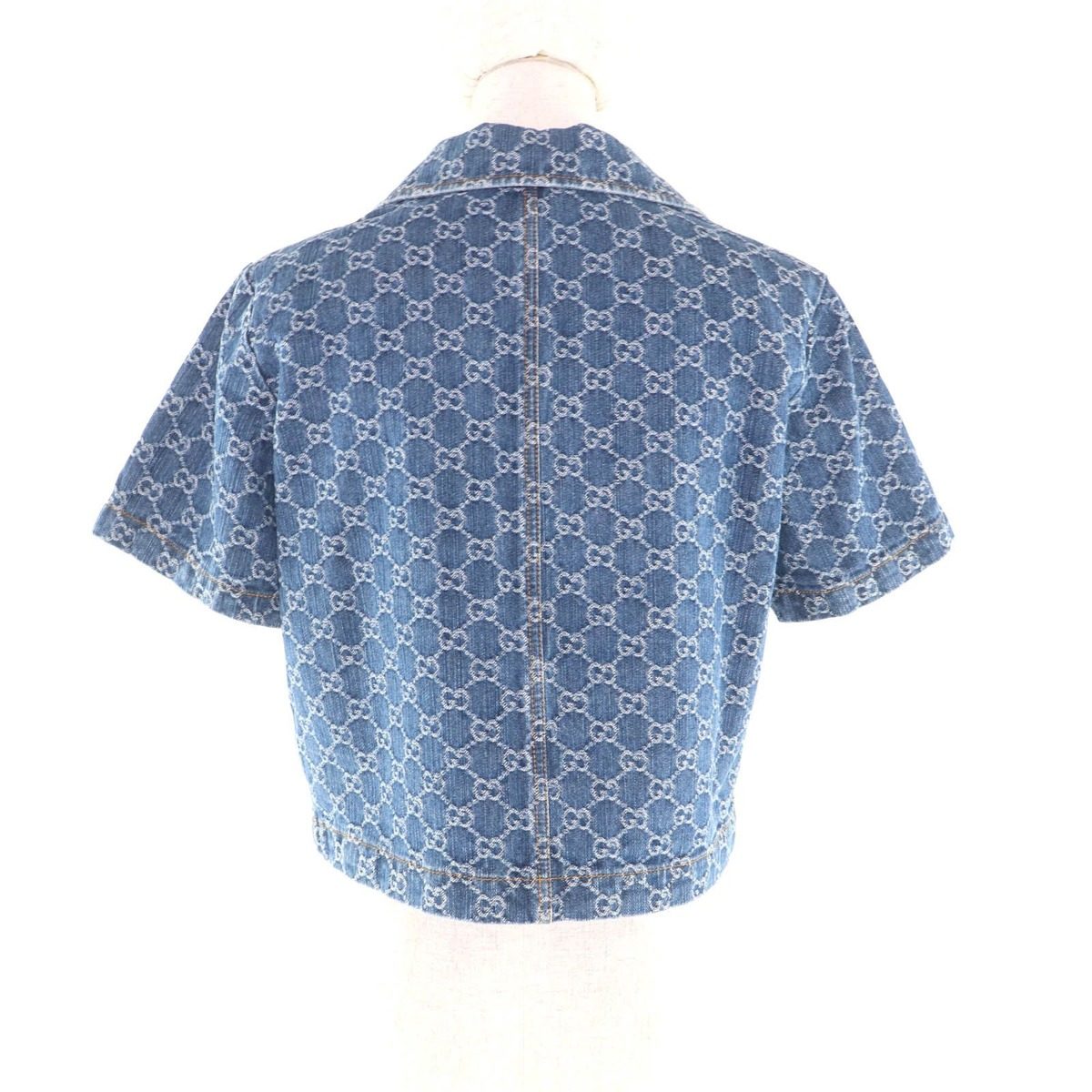 Gucci Made Cotton GG Jacquard Denim Cropped Short Sleeve Jacket Indigo 38 — view 3