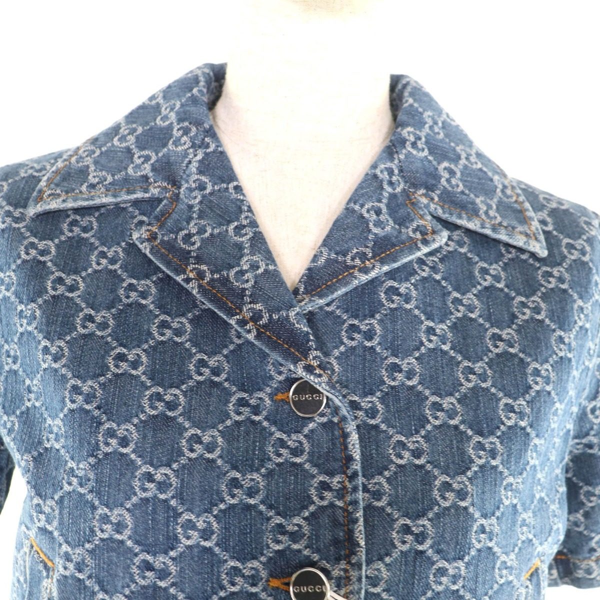 Gucci Made Cotton GG Jacquard Denim Cropped Short Sleeve Jacket Indigo 38 — view 4