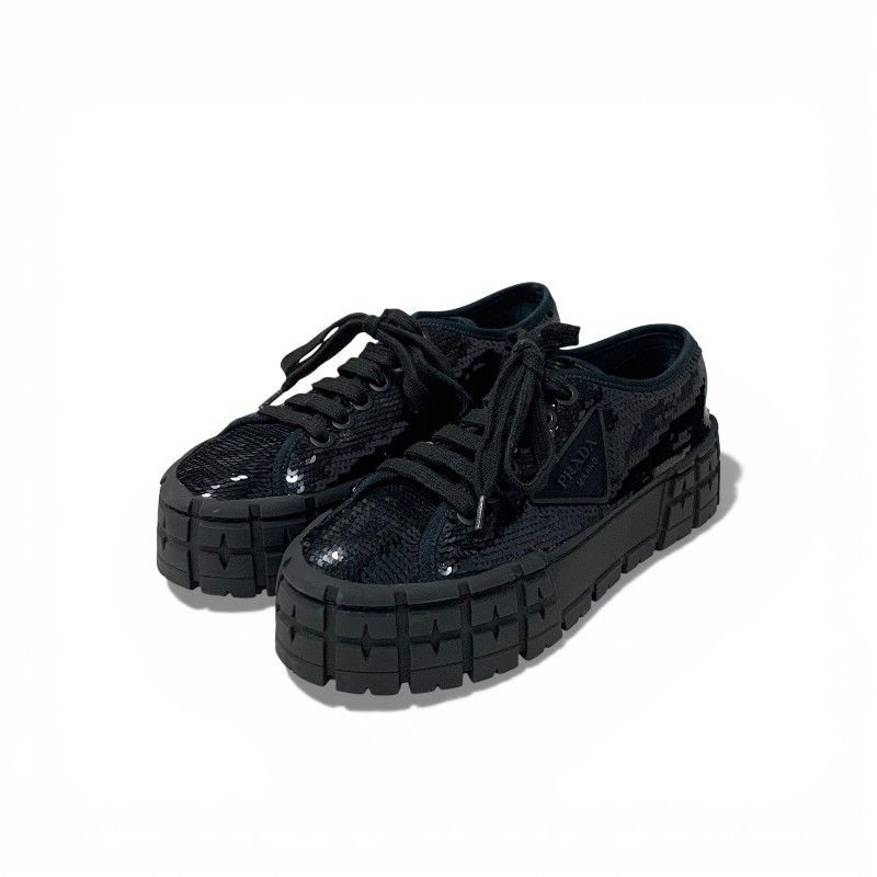 Prada Sneakers Shoes Sequins Black Logo Double Wheels