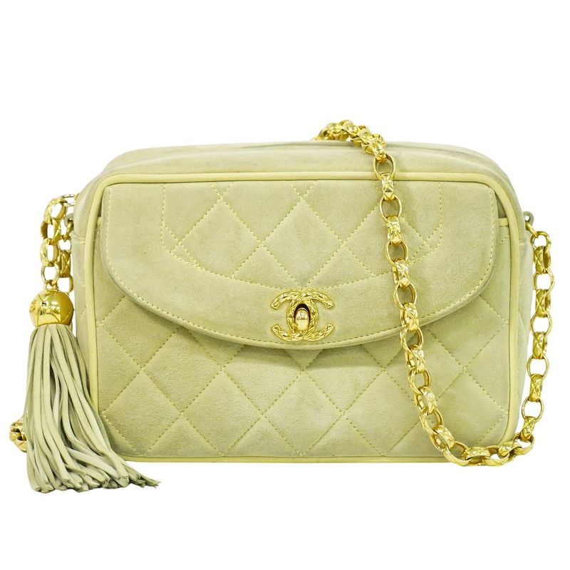 Authentic Chanel Coco Mark Tassel Shoulder Bag Pochette Suede Leather Light