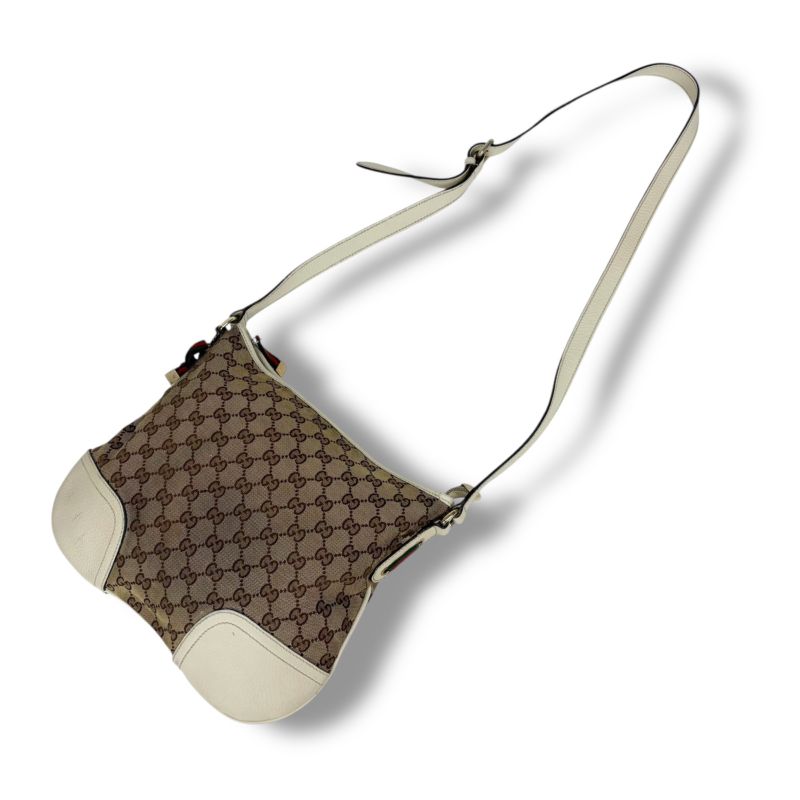 Gucci Shoulder Bag GG Canvas Sherry Line Ribbon Brown White Leather Crossbody