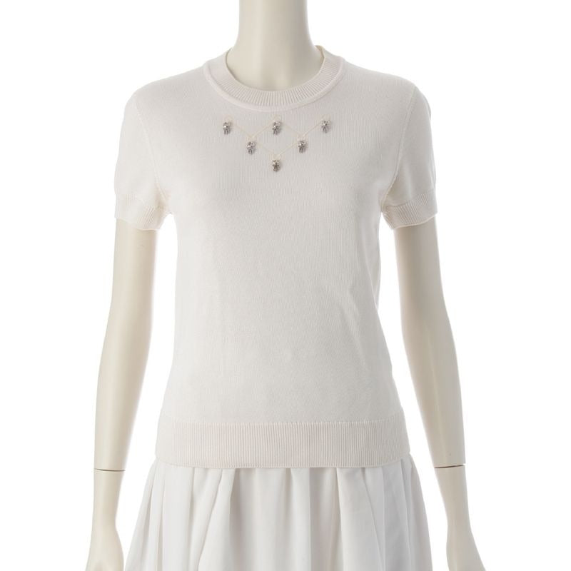 Hermes Viscose Silk Charm Short Sleeve Knit Sweater Top 2 E2603 D6 Ivory 36