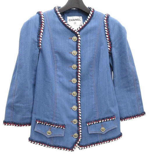 Chanel Collarless Jacket Coco Mark Denim Cotton Tricolor 1371
