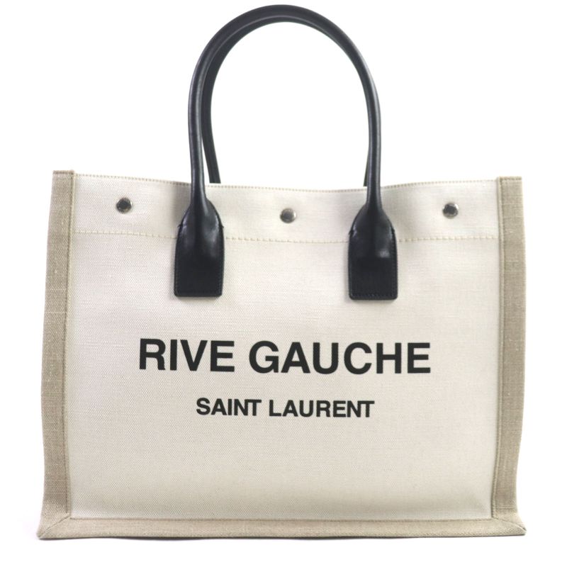  Saint Laurent Paris 617481 Rive Gauche Logo Canvas Leather Tote Bag Beige