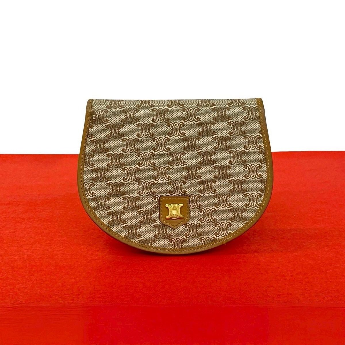 Celine Macadam Pattern Leather Bifold Wallet Compact Coin Purse Bill Brown Beige