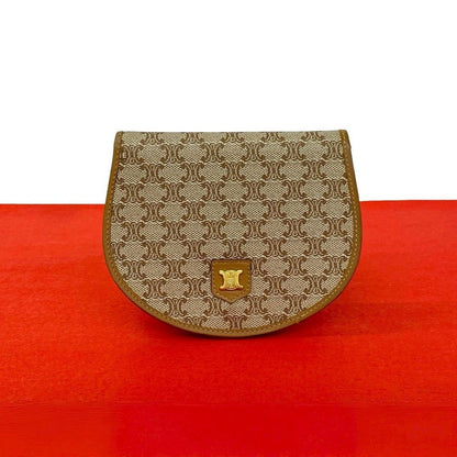 Celine Macadam Pattern Leather Bifold Wallet Compact Coin Purse Bill Brown Beige
