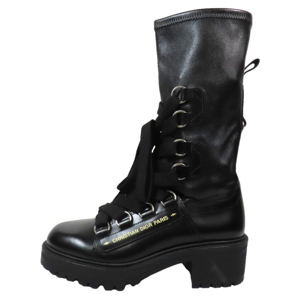 Dior Leather Boots Lace Up Logo Print Shoes 37 Black