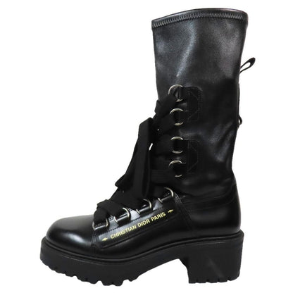 Dior Leather Boots Lace Up Logo Print Shoes 37 Black