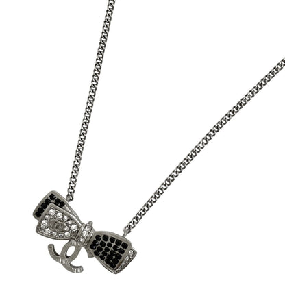 Chanel CC Logo Ribbon Motif Necklace Silver Plated