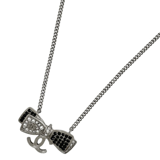 Chanel CC Logo Ribbon Motif Necklace Silver Plated