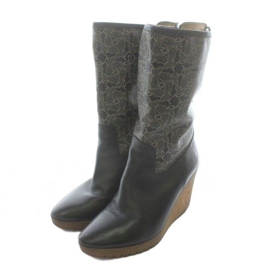 Celine Long Boots Leather Wedge Sole Carriage Pattern All Over Triomphe