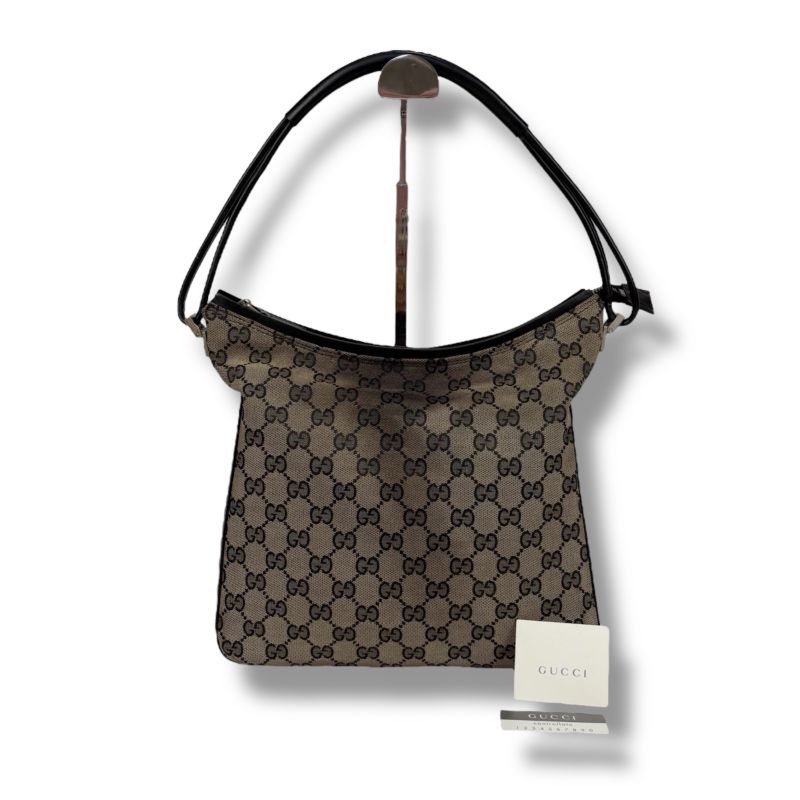 Gucci One Shoulder Bag GG Canvas Nylon Leather Dark Brown Hobo Soho