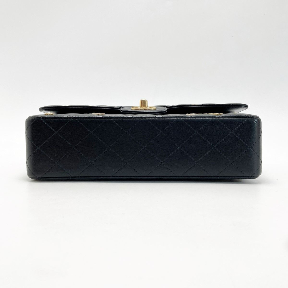 Chanel Matelasse W Flap Icon Charm Chain Shoulder Bag A01112 Black Lambskin