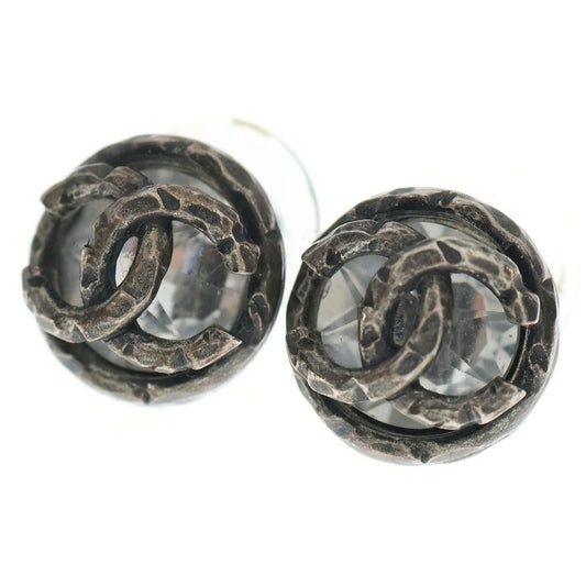 Chanel Coco Round Metal Stud Earrings Silver