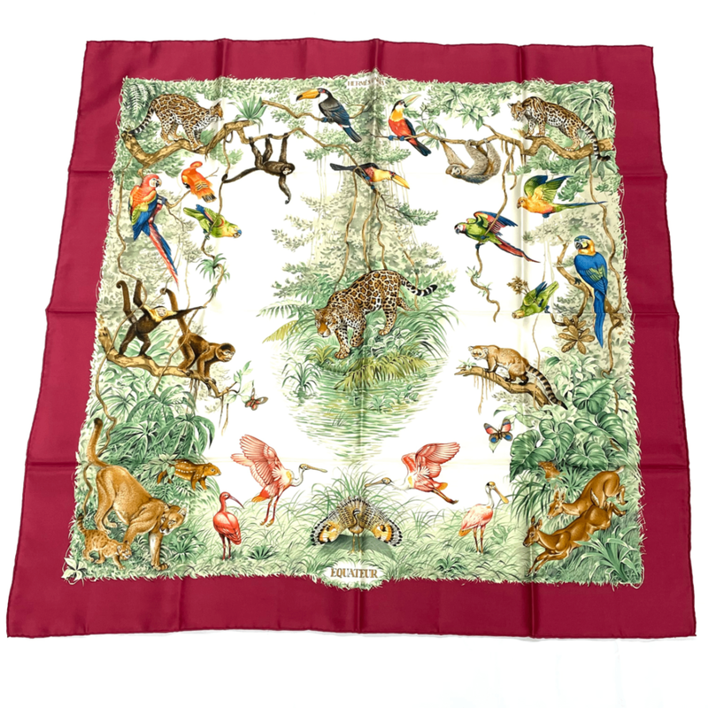 Hermes Scarf Carre 90 Equateur Equatorial Animals Birds All Over Silk Red