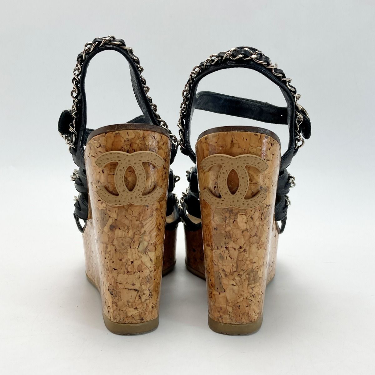 Chanel Chain Cork Wedge Sandals 34½ (equivalent to 21.5cm (8.46in)) Black