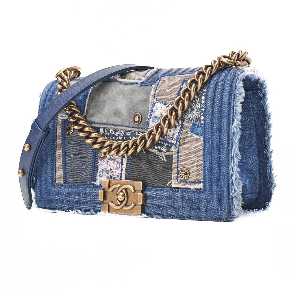 Chanel Boy Chanel Patchwork Chain Shoulder Denim Blue With Gold Hardware