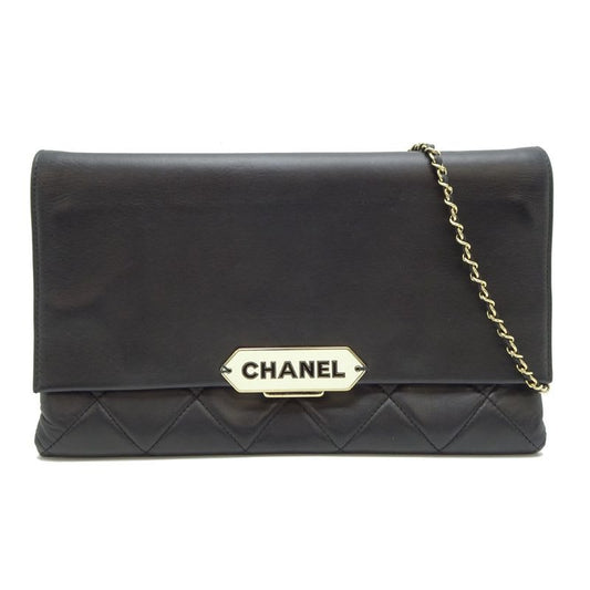 Chanel Shoulder Logo Plate Chain Lambskin Black Bag