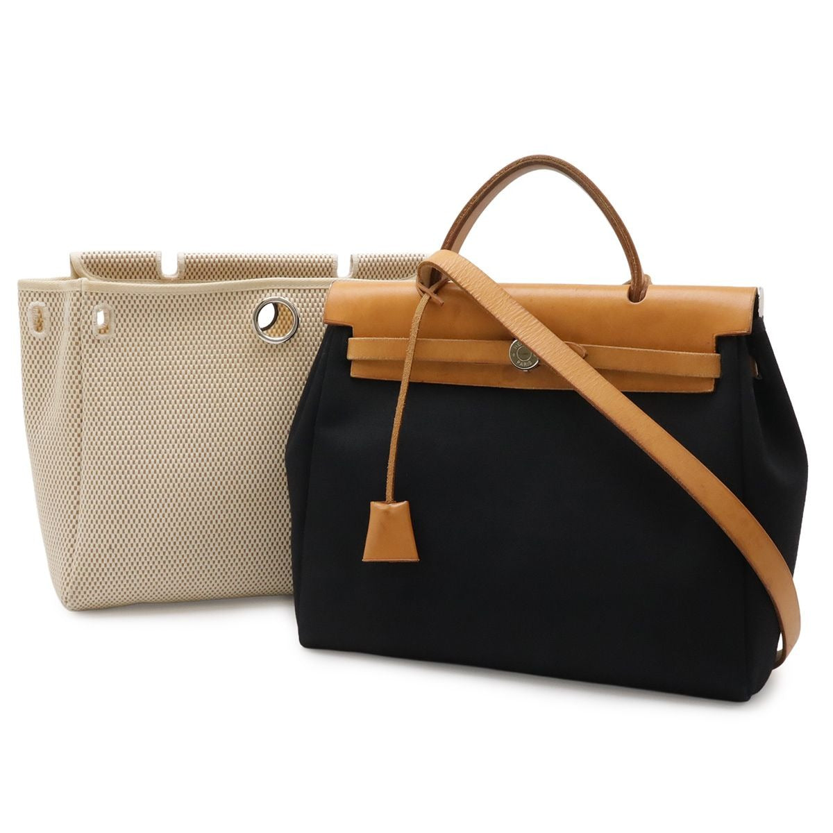 Hermes Herbag PM 2-Way Shoulder Bag Toile Officier GM Black Beige