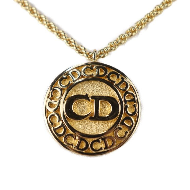 Christian Dior CD Logo Necklace Metal Gold Pendant Circle