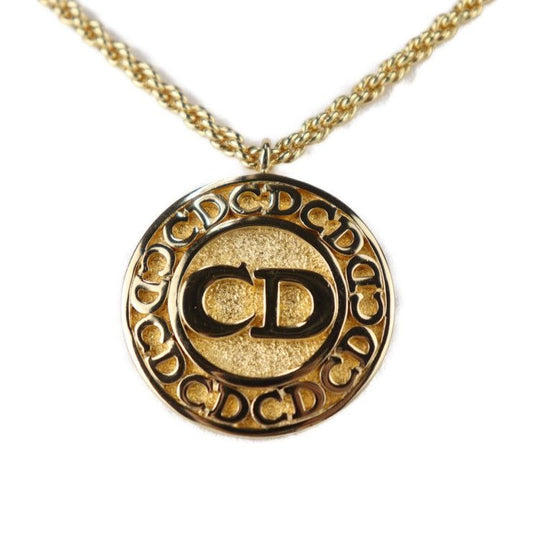 Christian Dior CD Logo Necklace Metal Gold Pendant Circle