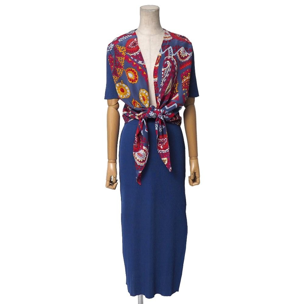 Celine Vintage Skirt Set 40 Ensemble Rib Knit Contrast Blue-etc.