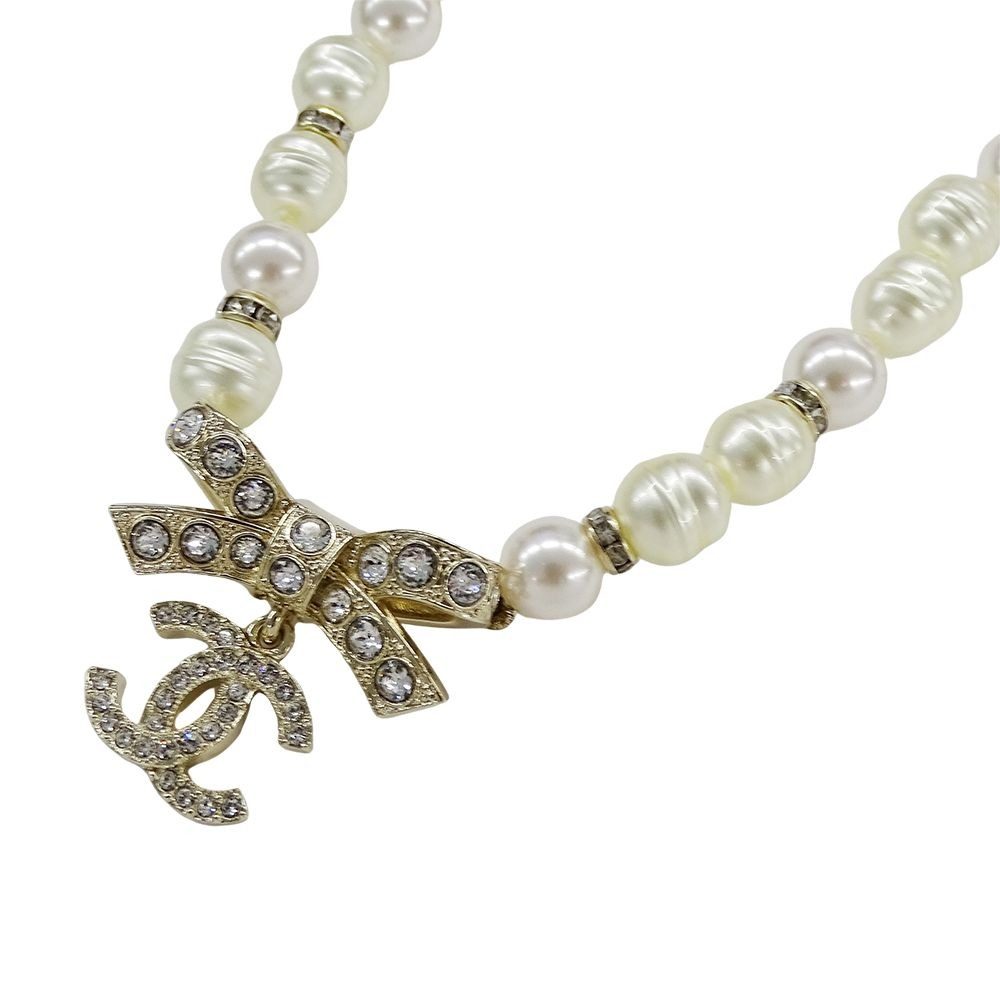 Chanel Choker Necklace Metal Line Stone Faux Pearl Ribbon CC Logo Gold White