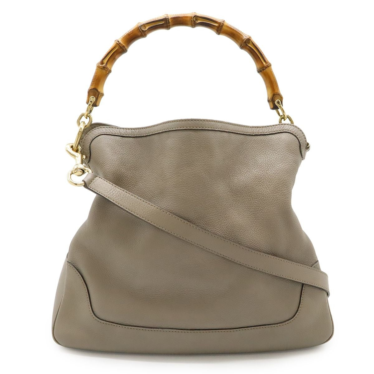 Gucci Bamboo 2-Way Shoulder Bag Crossbody Leather Grey Gold