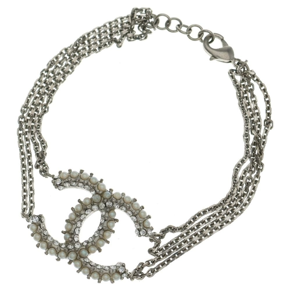 Chanel CC Logo Faux Pearl Rhinestone Bracelet Silver Chain