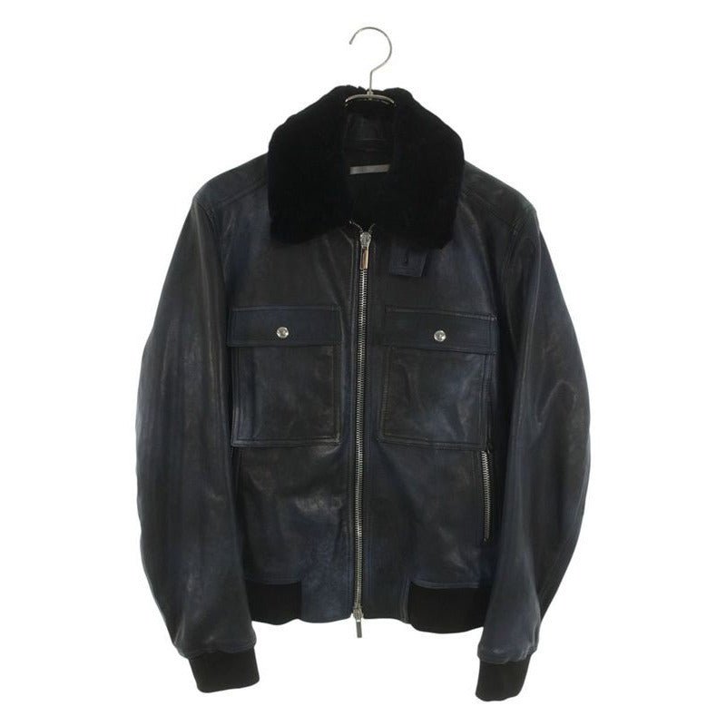 Dior Homme Collar Beaver Fur Zip Up Leather Jacket 46 Blue