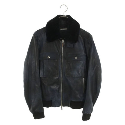 Dior Homme Collar Beaver Fur Zip Up Leather Jacket 46 Blue