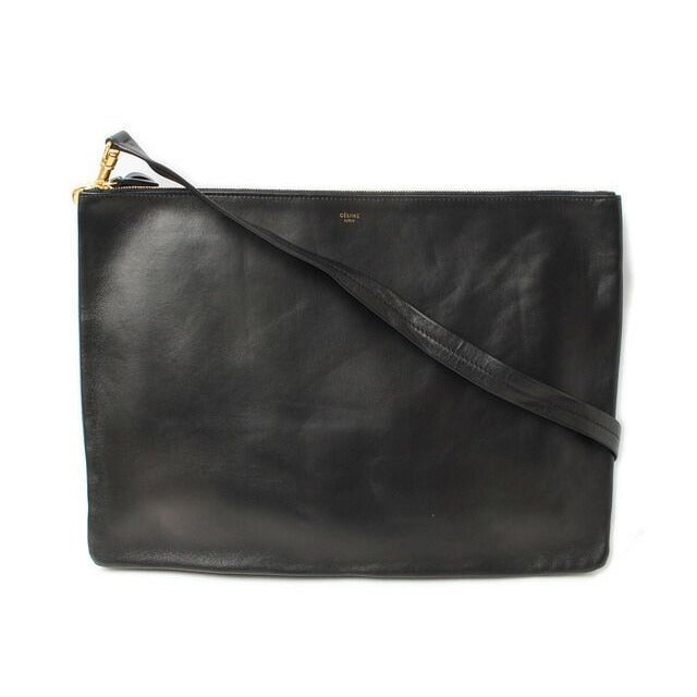 Celine Shoulder Bag Clutch Lambskin Large Trio Black Silver 2-Way