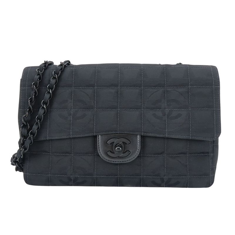 Chanel Shoulder Bag New Travel Line Jacquard Nylon Black Coco Mark 7th Shoulder