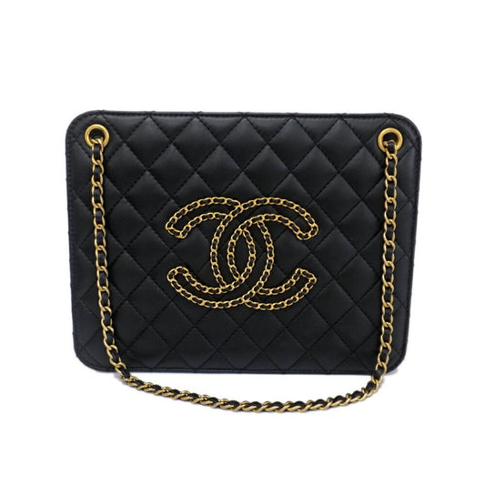 Chanel Accordion Black CC Logo Chain Shoulder Bag Lambskin