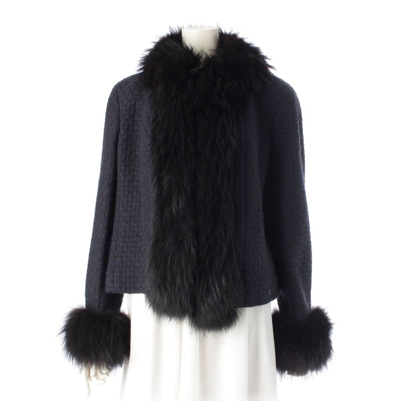 Chanel 00A Wool Nylon Fox Fur Collarless Jacket Outerwear P16217 Navy 44