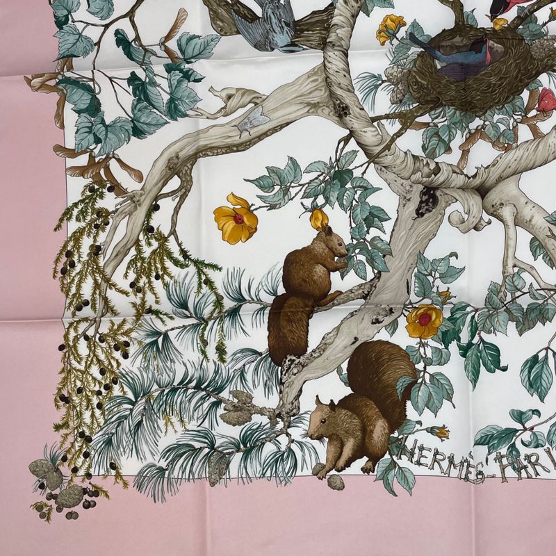 Hermes Carre 90 AU Coeur DES BOIS In The Woods Scarf Silk Pink With Box