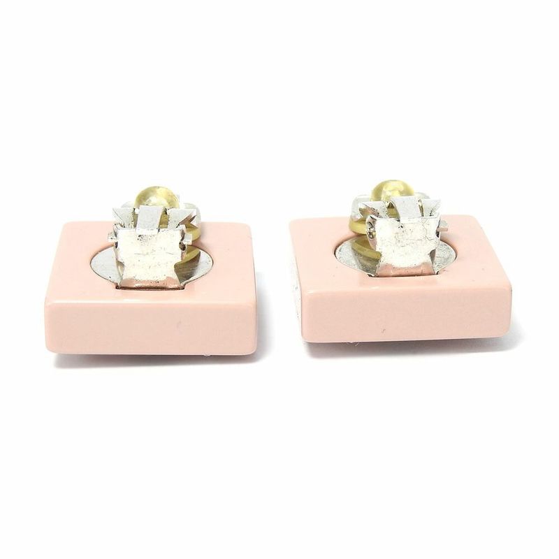 Chanel Earring Square Coco Mark Heart Rhinestone Pink Silver Plated 04A