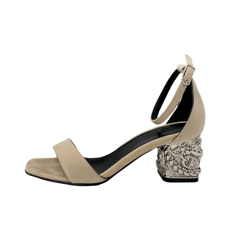 Hermes Gram 60 Sandals Shoes Suede Beige Silver Chaine D'ancre Metal Heel Strap