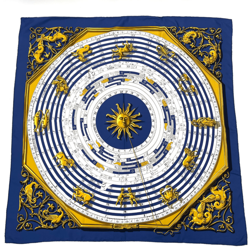Hermes Carre 90 DIES ET HORE Astrology Silk Scarf Navy