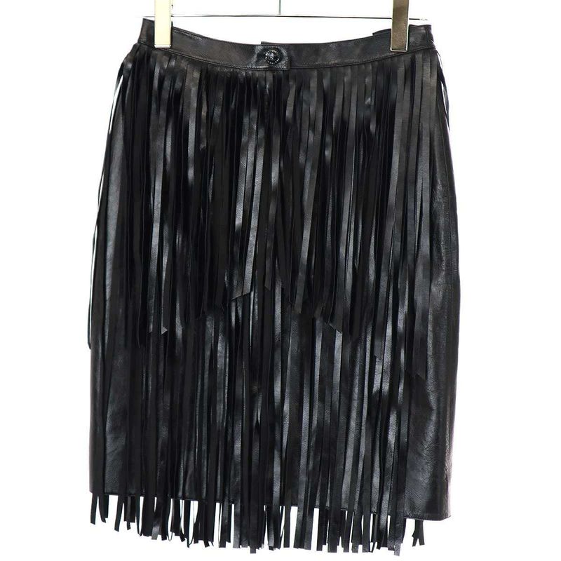 Chanel 2022 Resort Collection Cow Leather Fringe Skirt P71965c2466 Black 38